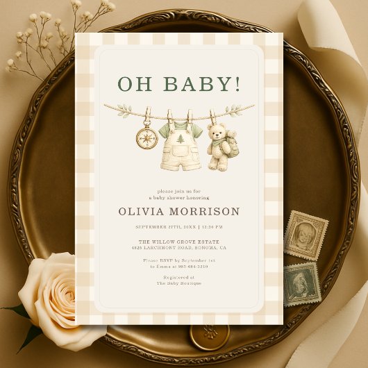 Oh Baby 森の洗濯ロープ ギンガム柄 ベビーシャワー 招待状
