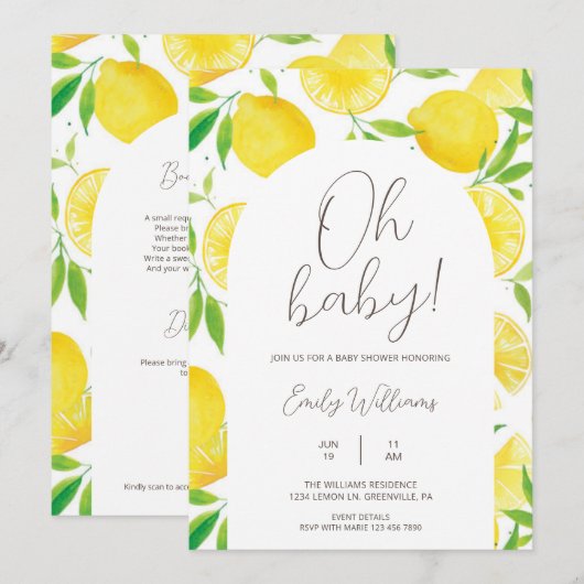 Oh Baby All in One Spring Lemon Baby Shower 招待状 (正面/裏面)