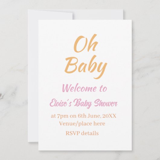 OH BABY BABY SHOWER ORANGE PURPLE SIMPLE MINIMAL 招待状 (正面)