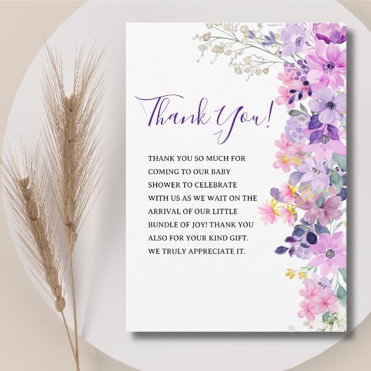 Oh Baby, Baby Shower Purple Spring Flowers サンキューカード