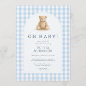Oh Baby Bear Blue Gingham Baby Shower 招待状 (正面)