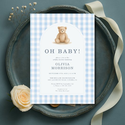 Oh Baby Bear Blue Gingham Baby Shower 招待状