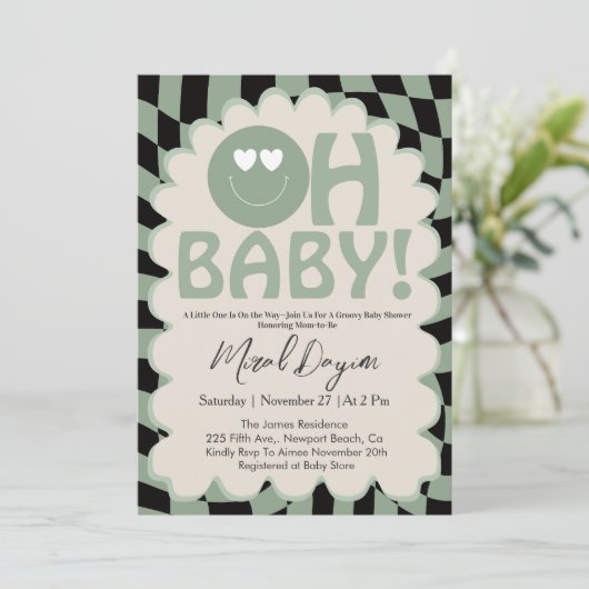 Oh Baby Beige & Sage Groovy Neutral Baby Shower 招待状 (スタンド正面)