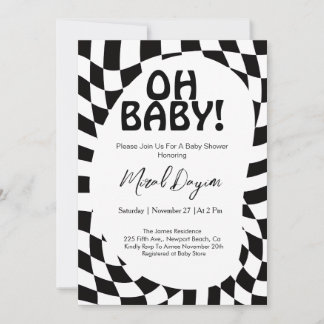 Oh Baby! Black Checkered Modern Baby Shower  招待状