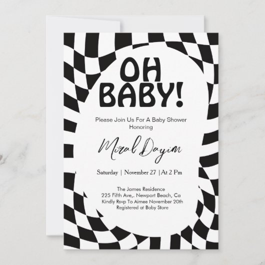 Oh Baby! Black Checkered Modern Baby Shower  招待状 (正面)
