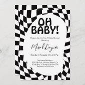Oh Baby! Black Checkered Modern Baby Shower  招待状 (正面/裏面)