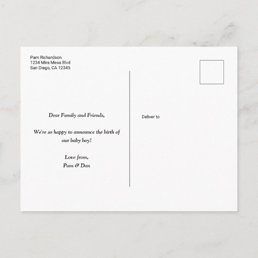 Oh Baby Blue写真カスタム男の子の誕生のお知らせ インビテーションポストカード (裏面)