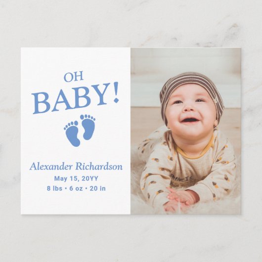 Oh Baby Blue写真カスタム男の子の誕生のお知らせ インビテーションポストカード (正面)