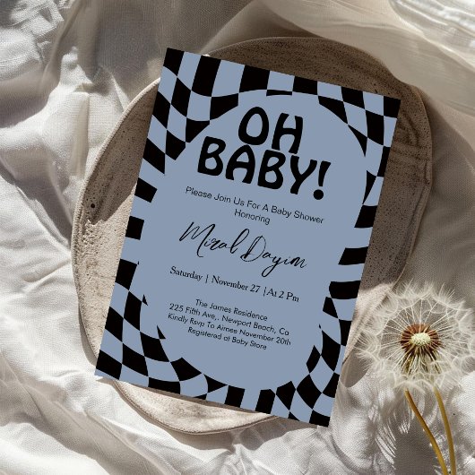 Oh Baby! Blue Checkered Modern Baby Shower  招待状