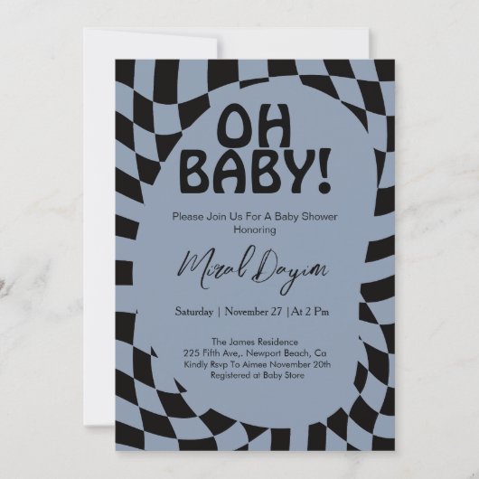 Oh Baby! Blue Checkered Modern Baby Shower  招待状 (正面)