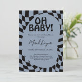 Oh Baby! Blue Checkered Modern Baby Shower  招待状 (スタンド正面)