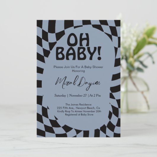 Oh Baby! Blue Checkered Modern Baby Shower  招待状 (スタンド正面)