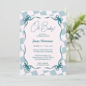 Oh Baby Blue Gingham Bows Baby Shower 招待状 (スタンド正面)