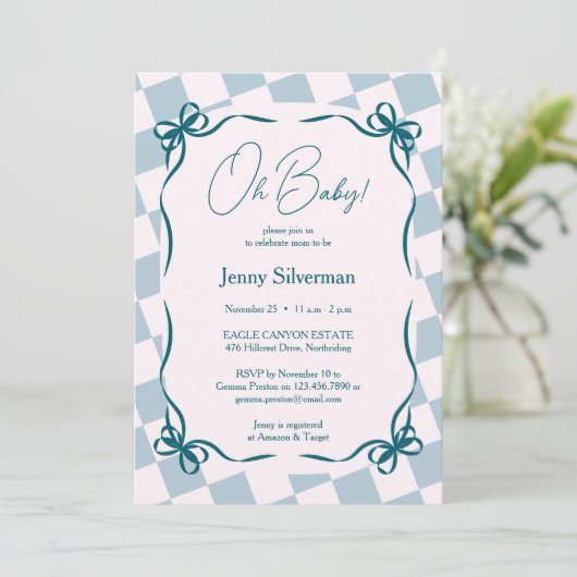 Oh Baby Blue Gingham Bows Baby Shower 招待状 (スタンド正面)