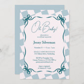 Oh Baby Blue Gingham Bows Baby Shower 招待状 (正面/裏面)
