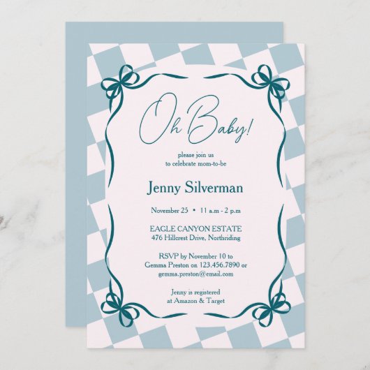 Oh Baby Blue Gingham Bows Baby Shower 招待状 (正面/裏面)