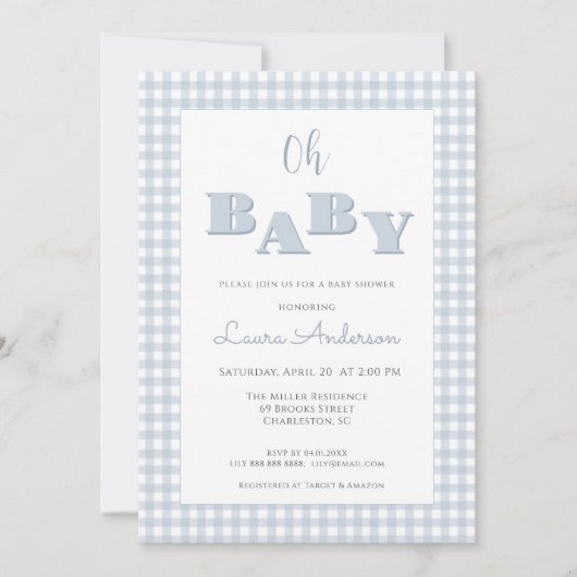 Oh Baby Blue Gingham Check Boy Baby shower  招待状 (正面)