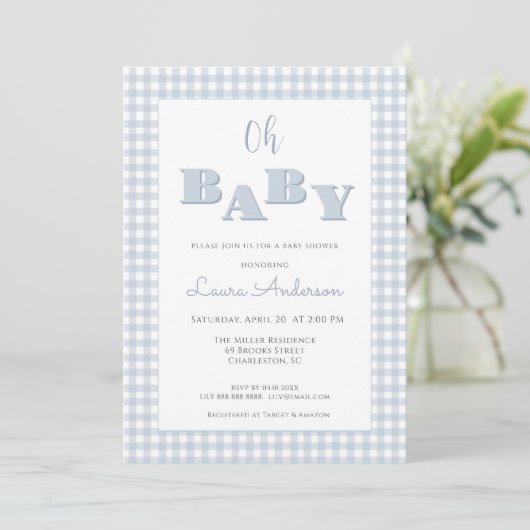 Oh Baby Blue Gingham Check Boy Baby shower  招待状 (スタンド正面)
