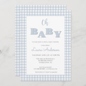 Oh Baby Blue Gingham Check Boy Baby shower  招待状 (正面/裏面)