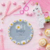 Oh Baby Blue Modern Daisy Baby Shower ペーパープレート (パーティー)