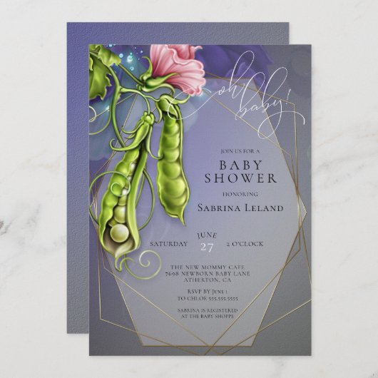 Oh Baby Blue - Sweet Peas in a Pod Baby Shower 招待状 (正面/裏面)