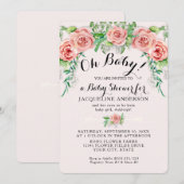 Oh Baby BOHO Shower Girl Pink Rose Floral Script  招待状 (正面/裏面)