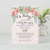 Oh Baby BOHO Shower Girl Pink Rose Floral Script  招待状 (スタンド正面)