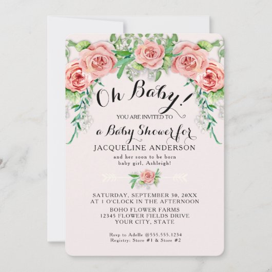 Oh Baby BOHO Shower Girl Pink Rose Floral Script  招待状 (正面)