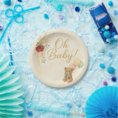 Oh Baby Boho Teddy Bear Baby Shower Round Plate ペーパープレート (パーティー)