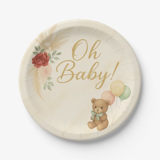 Oh Baby Boho Teddy Bear Baby Shower Round Plate ペーパープレート (正面)