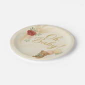 Oh Baby Boho Teddy Bear Baby Shower Round Plate ペーパープレート (アングル)