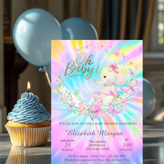 Oh Baby Butterflies Elephant Tie DyeBaby Shower    招待状