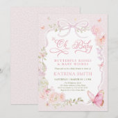 Oh Baby Butterfly Kisses Pink Baby Shower 招待状 (正面/裏面)