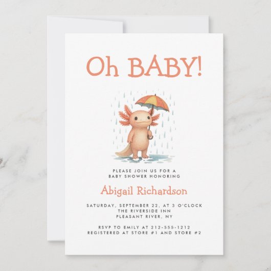 Oh Baby Cute Axolotl QR Code Baby Shower 招待状 (正面)