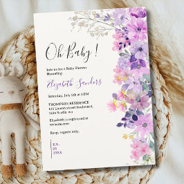 Oh Baby, Cute Baby Shower Purple Spring Flowers 招待状