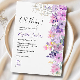 Oh Baby, Cute Baby Shower Purple Spring Flowers 招待状