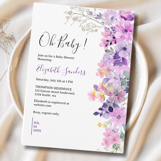 Oh Baby, Cute Baby Shower Purple Spring Flowers 招待状