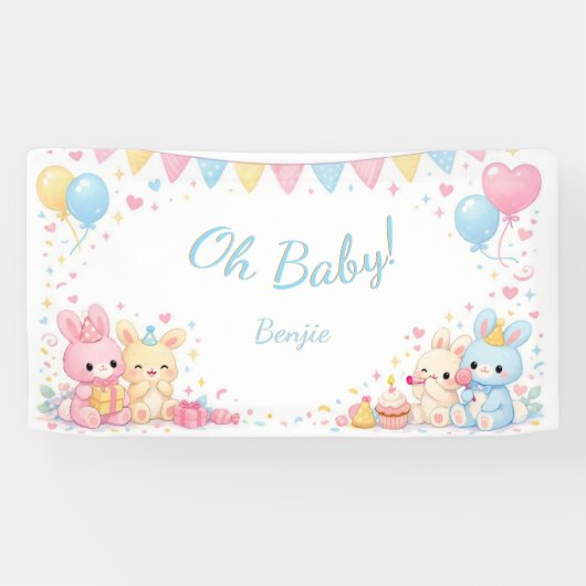 Oh Baby Cute Bunny Pastel Baby Shower Boy 横断幕 (横)