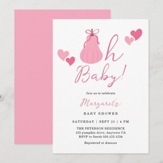 Oh Baby Cute Pink Pumpkin Bow Girl Baby Shower 招待状 (正面/裏面)
