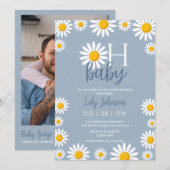 Oh Baby Daisy Blue Baby Shower Photo QR Code 招待状 (正面/裏面)