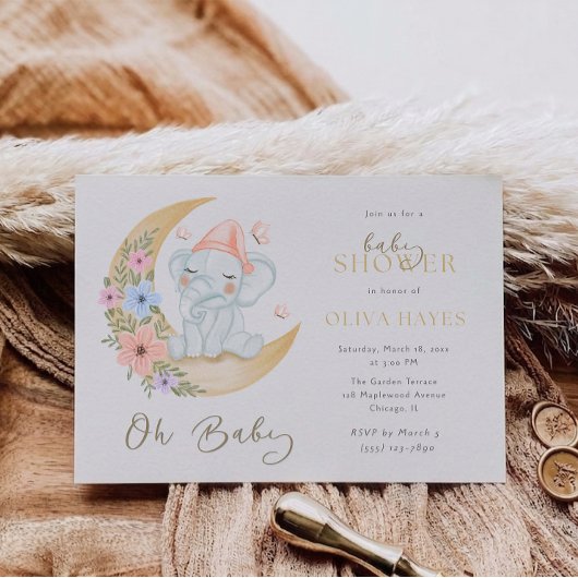 Oh Baby Dreamy Moon Elephant Baby Shower 招待状