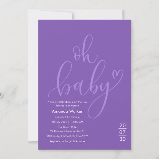 Oh Baby!  Elegant Purple Script Baby Shower 招待状 (正面)