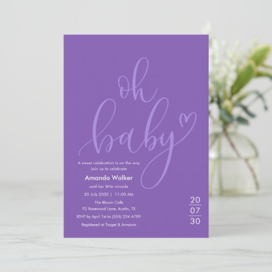 Oh Baby!  Elegant Purple Script Baby Shower 招待状 (スタンド正面)