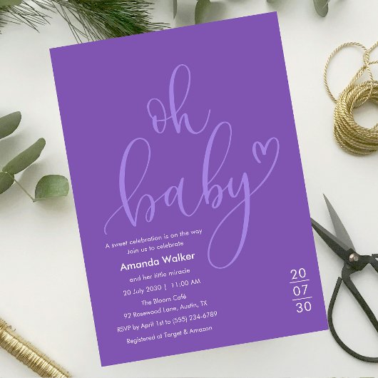 Oh Baby!  Elegant Purple Script Baby Shower 招待状