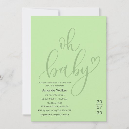 Oh Baby!  Elegant Sage Green Script Baby Shower 招待状 (正面)