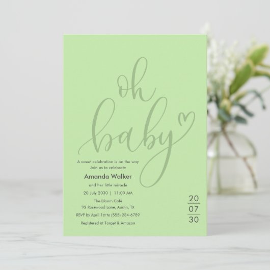 Oh Baby!  Elegant Sage Green Script Baby Shower 招待状 (スタンド正面)