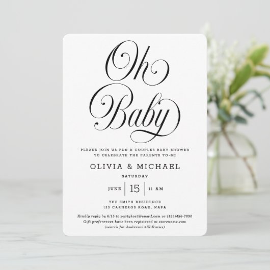 Oh Baby Elegant Script B&W Neutral Baby Shower 招待状 (スタンド正面)