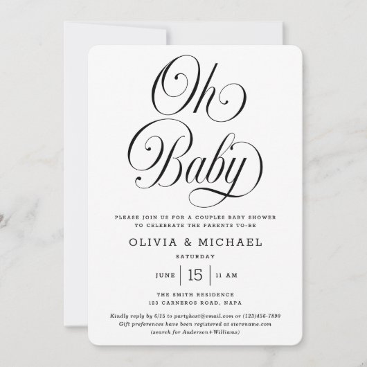 Oh Baby Elegant Script B&W Neutral Baby Shower 招待状 (正面)