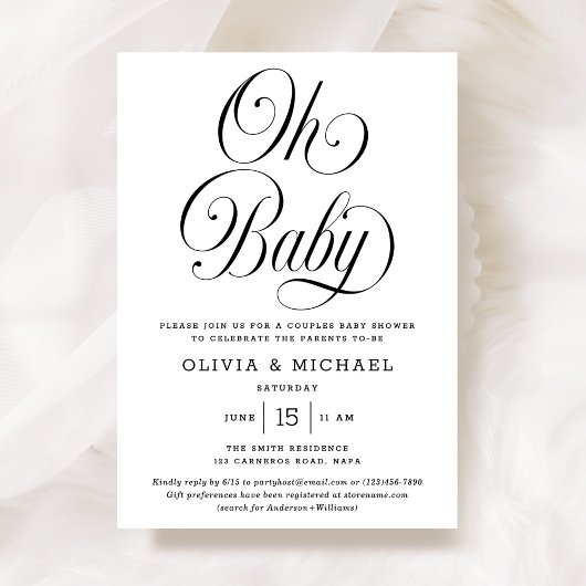 Oh Baby Elegant Script B&W Neutral Baby Shower 招待状