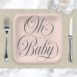 Oh Baby Elegant Script Blush Pink Girl Baby Shower ペーパープレート